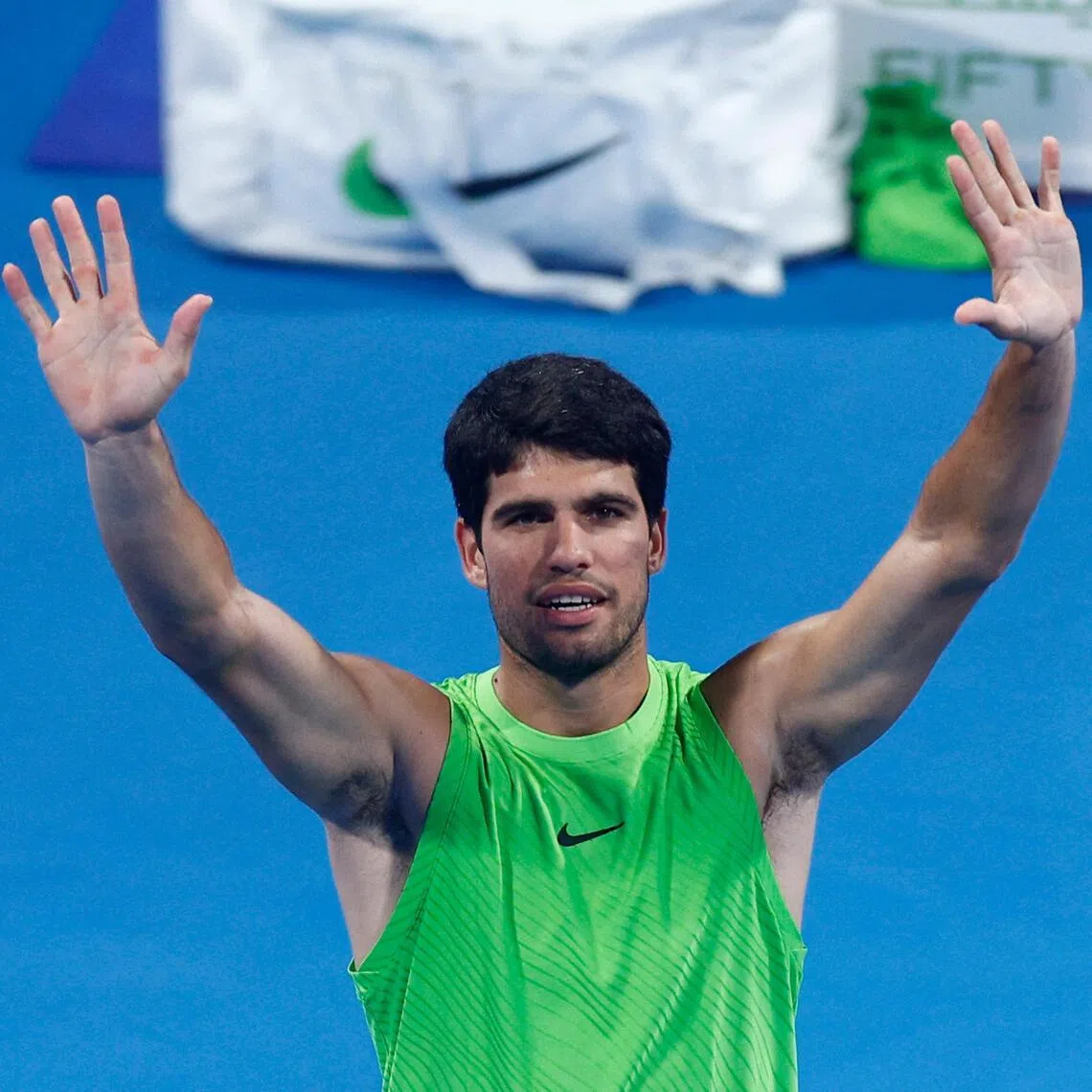 Spain's Carlos Alcaraz celebrates his defeat of France's Valentin Royer in Doha on Feb 18.