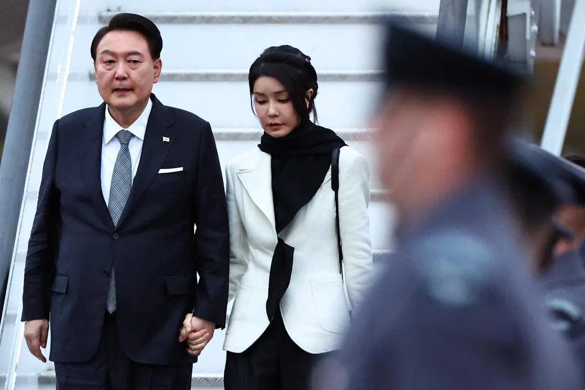 The disapproval rate for Mr Yoon Suk-Yeol (left) is at its highest over his wife Kim Keon Hee's Dior bag uproar.