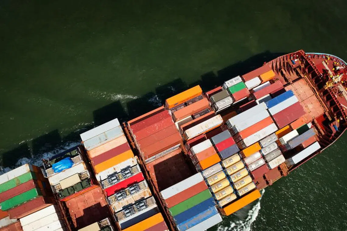 epa12187819 A photo taken by a drone shows the Maersk Columbus container ship arriving from Norfolk Harbour, USA, en route to Antwerp Harbour, near Hansweert, the Netherlands, 20 June 2025. According to the EU Commission, EU exports increased by 8.6 percent, while imports rose by 4.1 percent in the first quarter of 2025, driven by an acceleration in trade with the United States amid the threat of a trade war. The EU and US are engaged in trade talks ahead of a July tariff deadline set by US President Trump. EPA-EFE/OLIVIER HOSLET