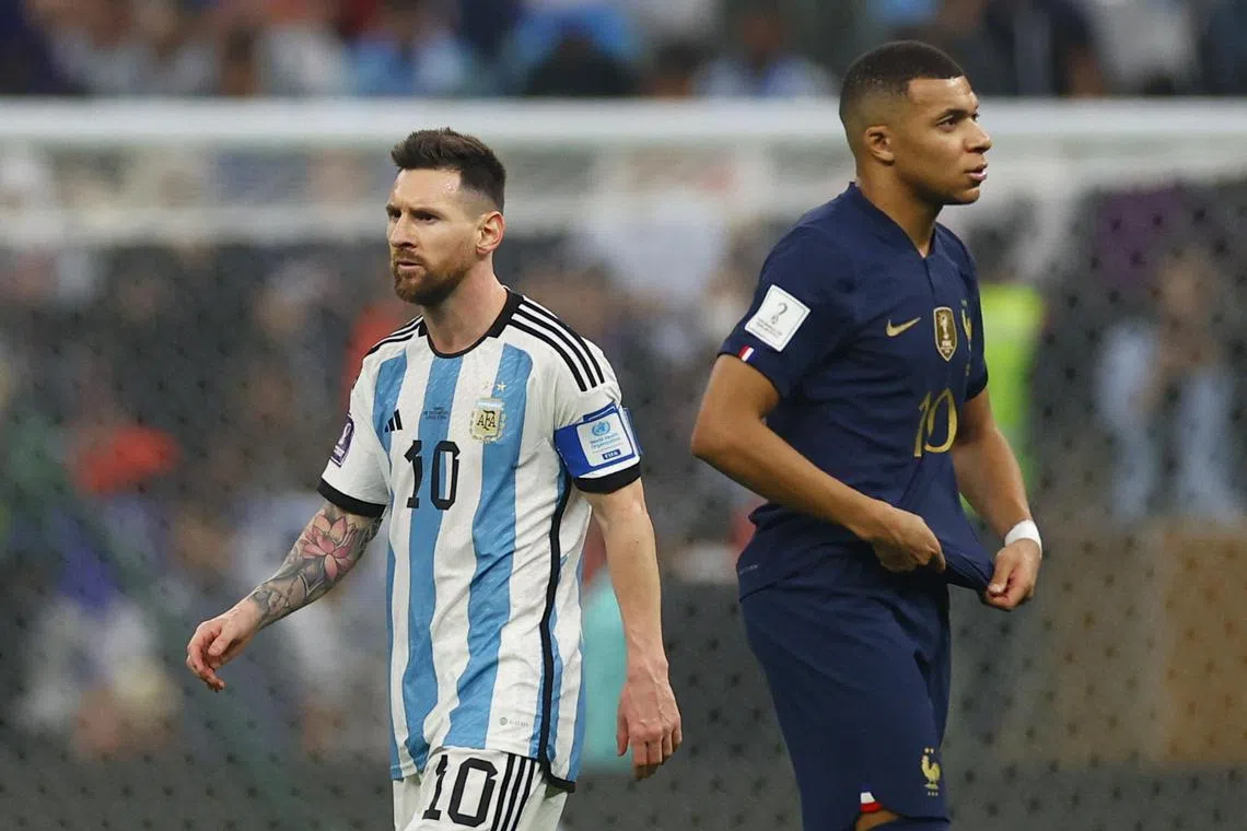 Argentina's Lionel Messi (left) and France's Kylian Mbappe during the Qatar World Cup final. 