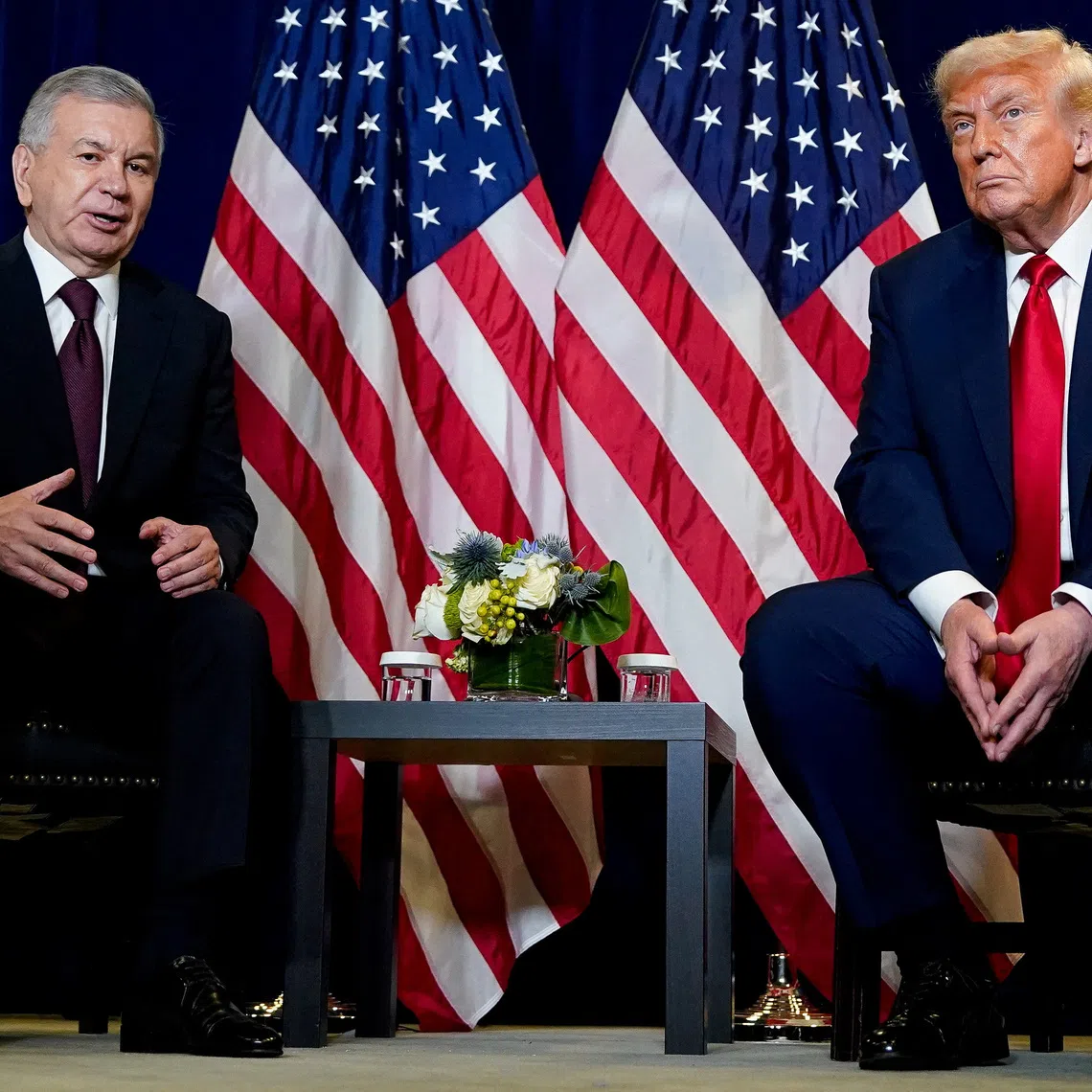 U.S. President Donald Trump meets with Uzbekistan President Shavkat Mirziyoyev during the 80th United Nations General Assembly, in New York City, New York, U.S., September 23, 2025. REUTERS/Al Drago