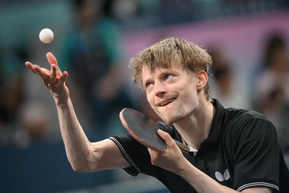 Danish paddler Anders Lind in action against Milosz Redzimski of Poland during the Paris 2024 Olympics Table Tennis Men's Single's Round of 32 at South Paris Arena on July 31, 2024.
