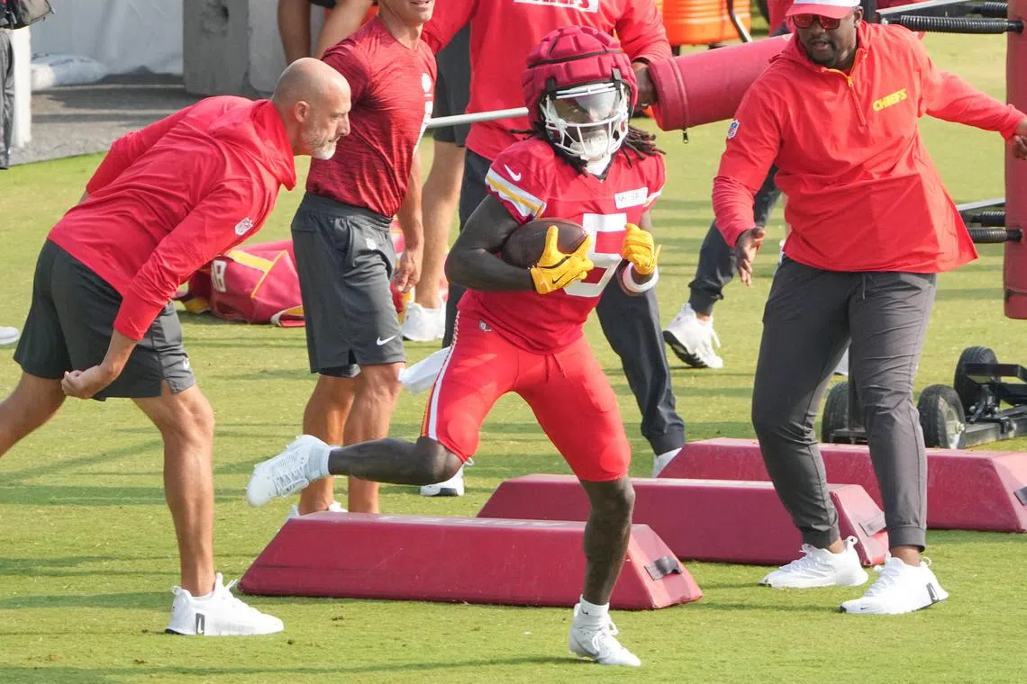 FILE PHOTO: Jul 26, 2024; Kansas City, MO, USA; Kansas City Chiefs wide receiver Marquise ÒHollywoodÓ Brown (5) runs drills during training camp at Missouri Western State University. Mandatory Credit: Denny Medley-USA TODAY Sports/File Photo