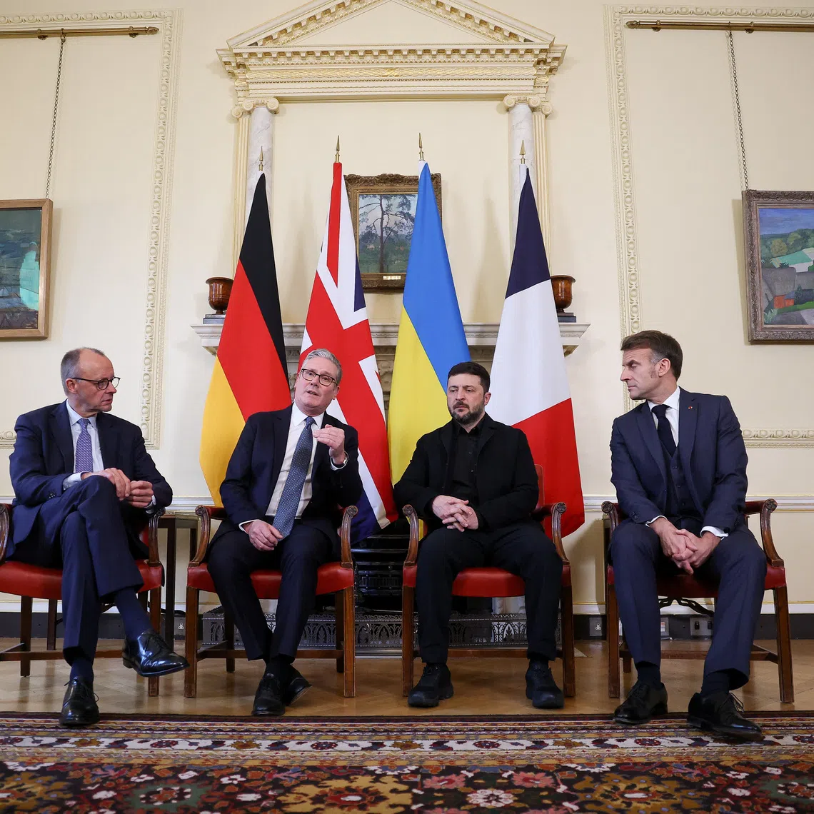 British Prime Minister Keir Starmer, Ukrainian President Volodymyr Zelenskiy, French President Emmanuel Macron, and German Chancellor Friedrich Merz meet at 10 Downing Street, in London, Britain, December 8, 2025. REUTERS/Toby Melville/Pool
