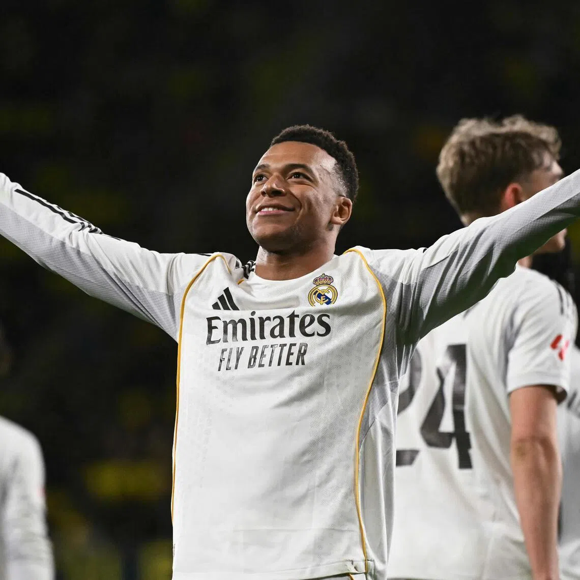 Real Madrid's Kylian Mbappe celebrates scoring a penalty for his team against  Villarreal, on Jan 24 in Spain's La Liga.