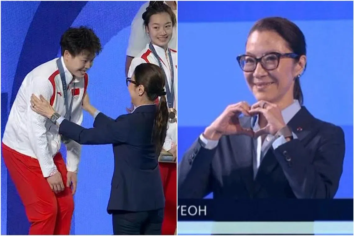 Michelle Yeoh presented the gold medal to China's Chen Yiwen after the women's 3m springboard diving final at the Paris 2024 Olympic Games on Aug 9. 
