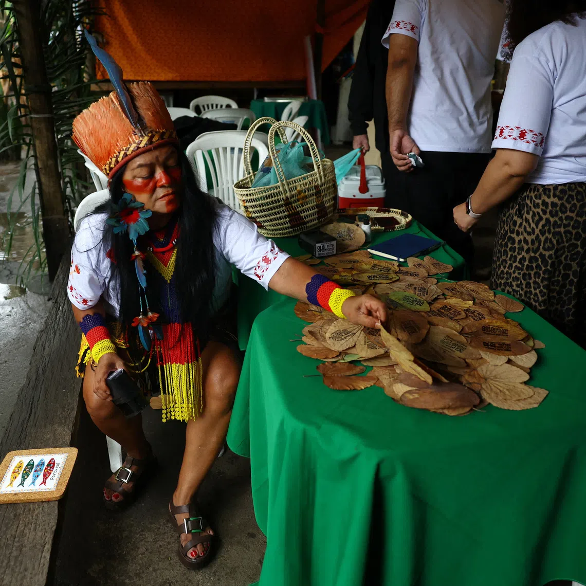 Tereza Arapium, an Indigenous candidate running for a seat in the Rio de Janeiro state legislature, stamps leaves with her name and election number for use as campaign material during Brazil's general elections, as part of a sustainability-focused campaign, in Rio de Janeiro, Brazil, September 6, 2026. REUTERS/Pilar Olivares