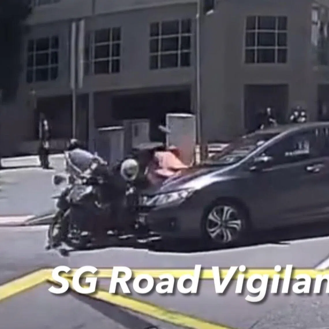 The motorcyclist who was involved in the collision with the car was taken conscious to Raffles Hospital, which is just next to the accident site.