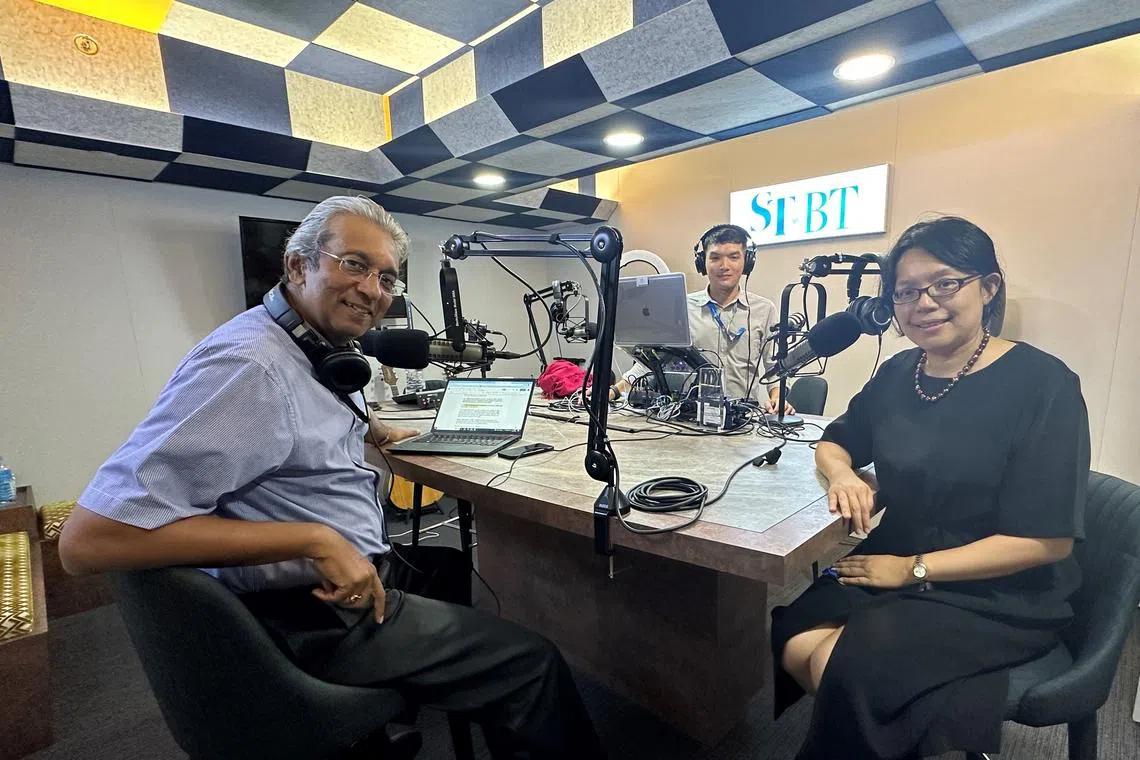 (From left) ST associate editor Ven Sreenivasan, podcast producer Teo Tong Kai and associate editor Lee Su Shyan in the podcast studio.