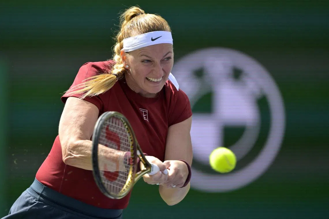 Petra Kvitova hits a shot against Varvara Gracheva in her first round match during the BNP Paribas Open.