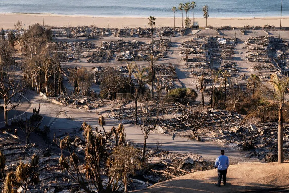 FILE PHOTO: A utilities worker views damage from the Palisades Fire, in the Pacific Palisades neighborhood in Los Angeles, California, U.S. January 12, 2025. REUTERS/David Ryder/File Photo