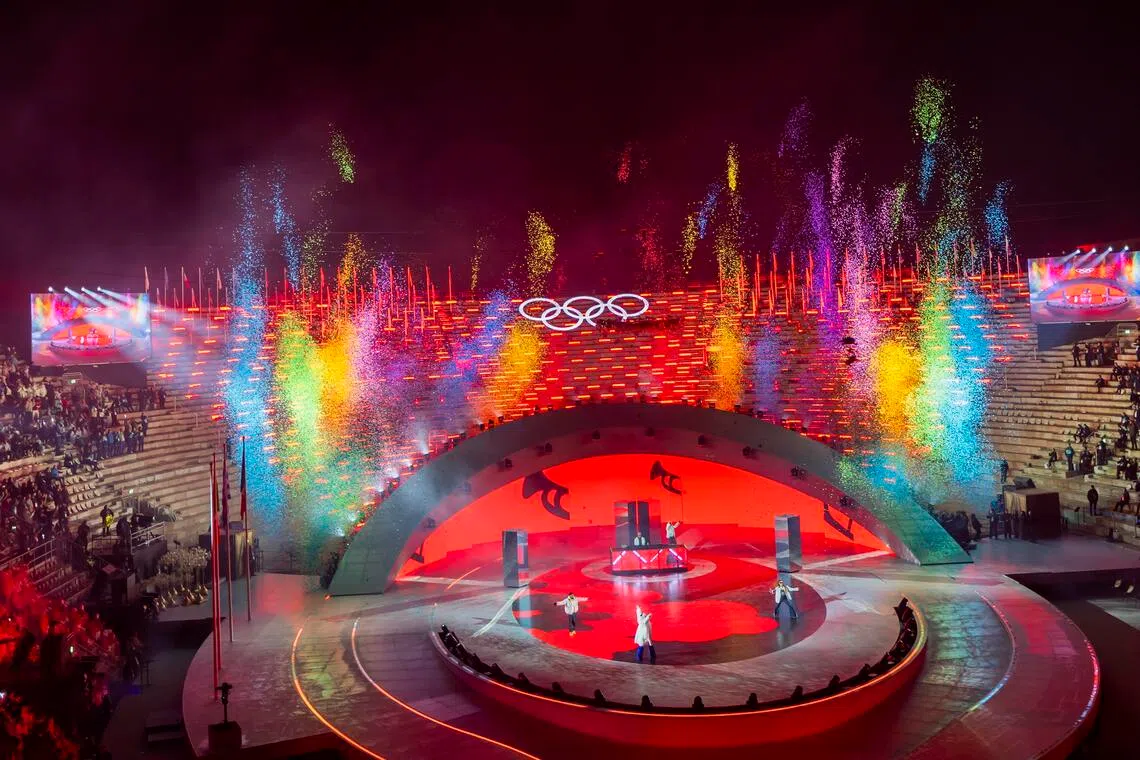 Singers perform during the closing ceremony of the 2026 Olympic Winter Games in the Verona Olympic Arena in Italy on Feb 22.