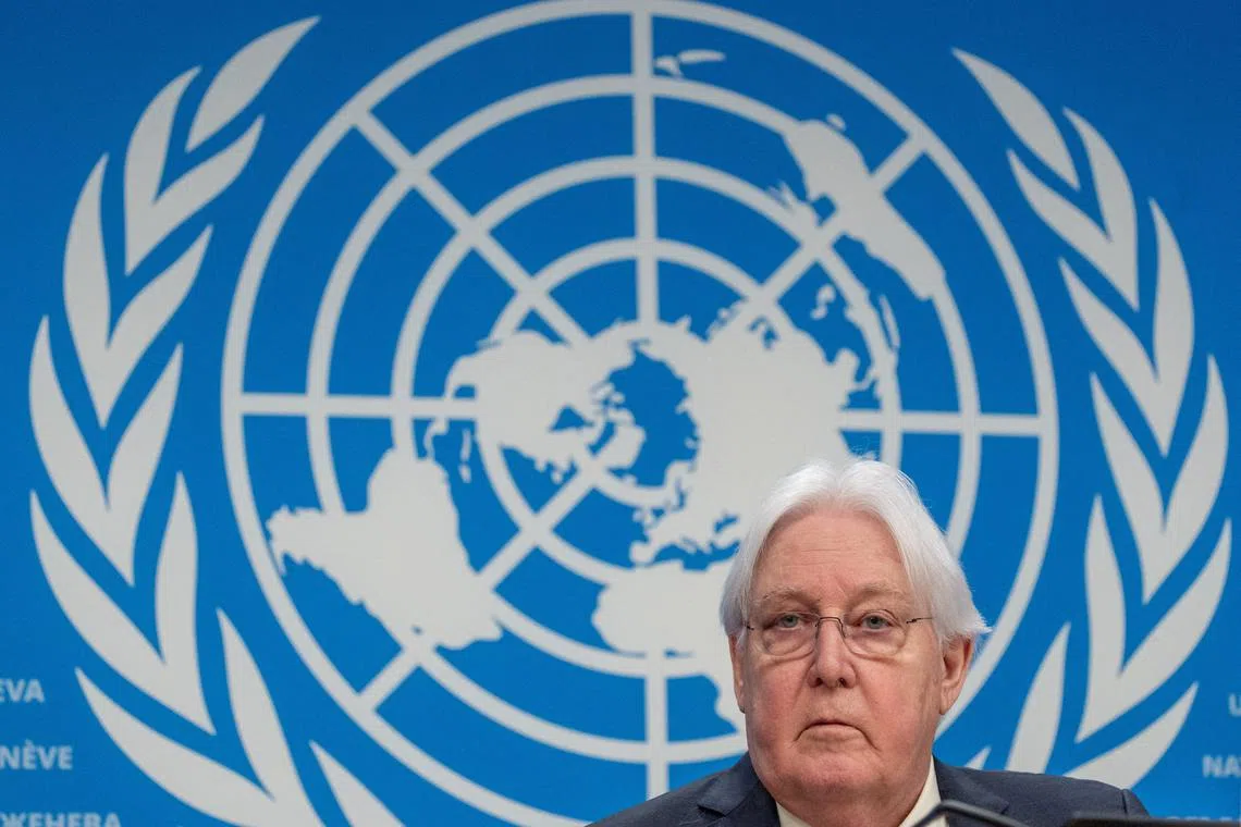 FILE PHOTO: Martin Griffiths, Under-Secretary-General for Humanitarian Affairs and Emergency Relief Coordinator briefs media on the launch of the funding appeal to support conflict-torn Sudan in 2024 at the United Nations European headquarters in Geneva, Switzerland, February 7, 2024. REUTERS/Denis Balibouse/File Photo