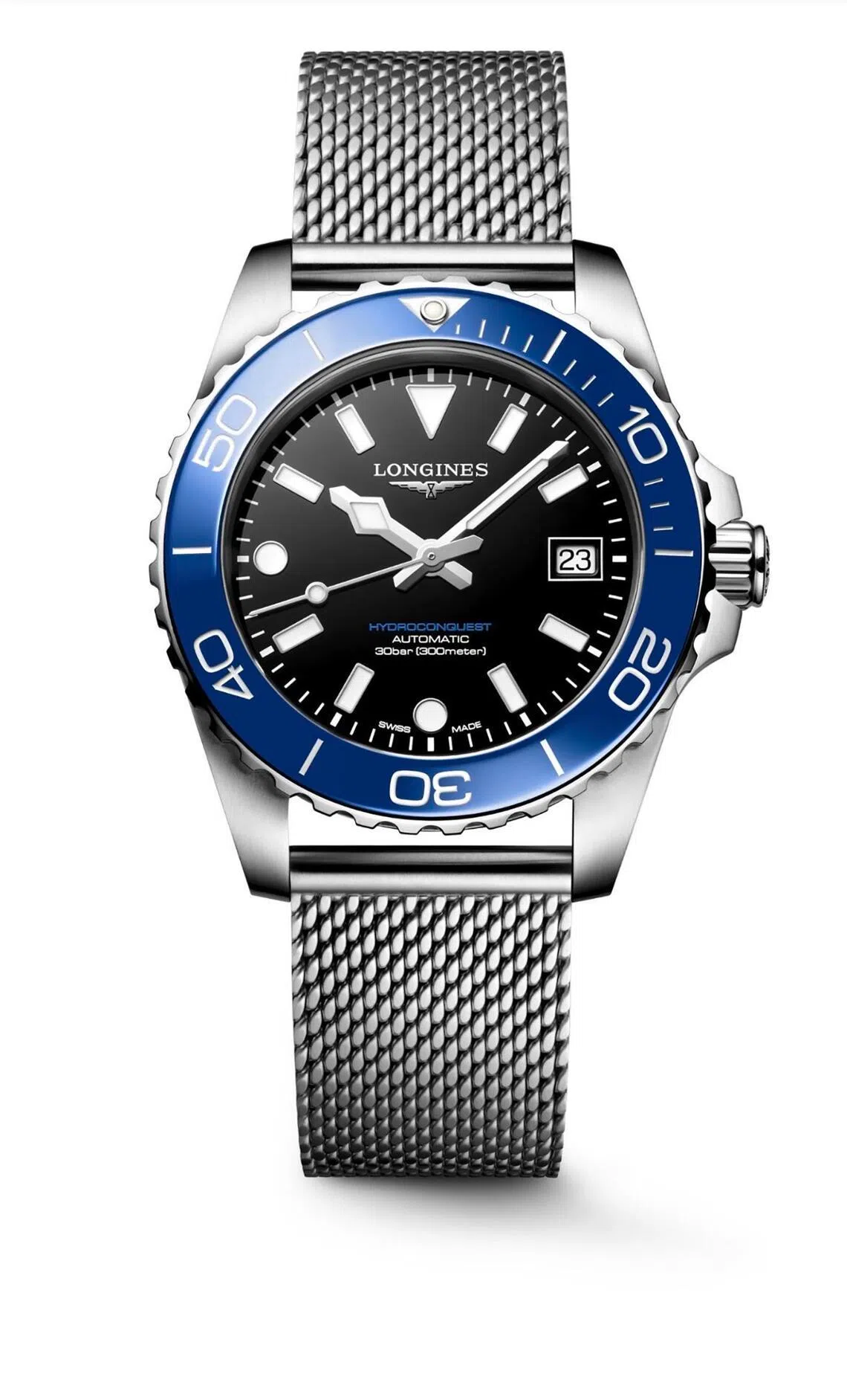 The new Longines HydroConquest has a cleaner dial, with applied markers and lume-filled hands. 