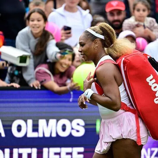 US tennis player Serena Williams leaves after losing with Czech Republic's Karolina Muchova against New Zealand's Erin Routliffe and Mexico's Giuliana Olmos in the Berlin Open doubles on June 16.