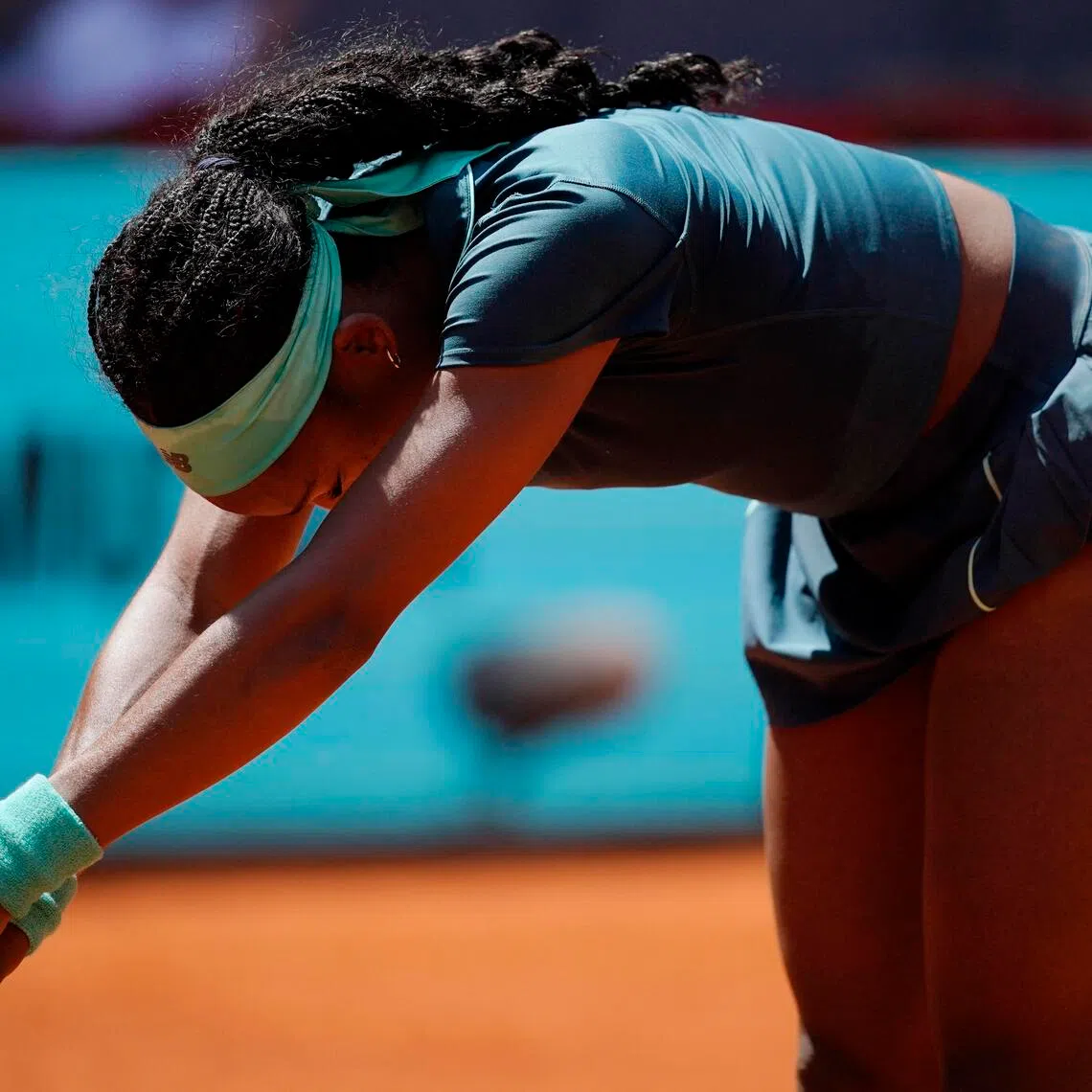 Coco Gauff of the US reacting during her 4-6, 7-5, 6-1 round-of-32 win over Romania's Sorana Cirstea at the Madrid Open at Park Manzanares on April 26, 2026.