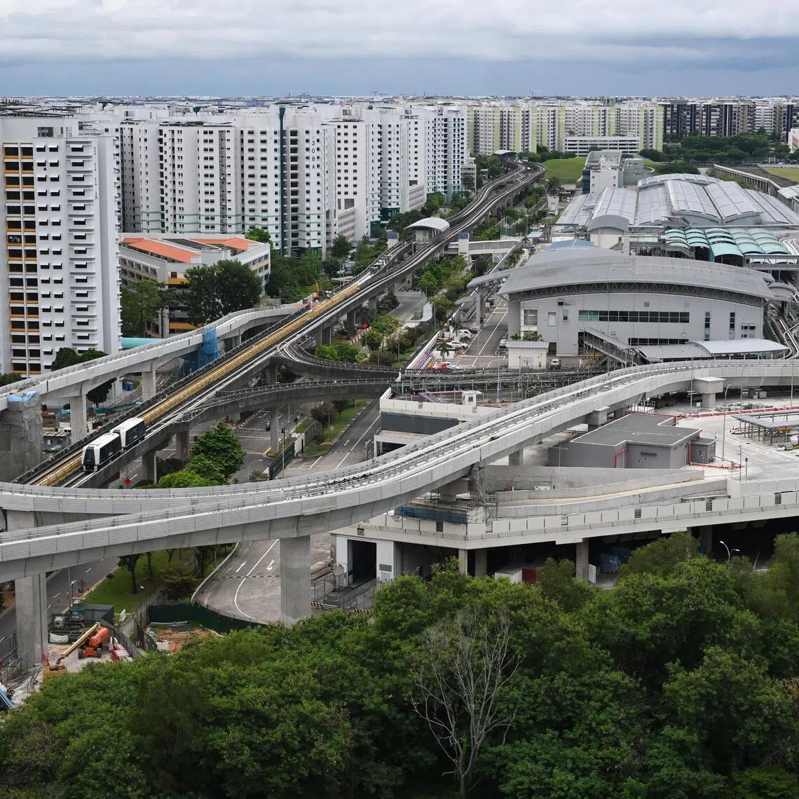 The civil construction of viaducts for the two new reception tracks has been completed, seen here with the Sengkang-Punggol LRT depot on the top right, on May 8.