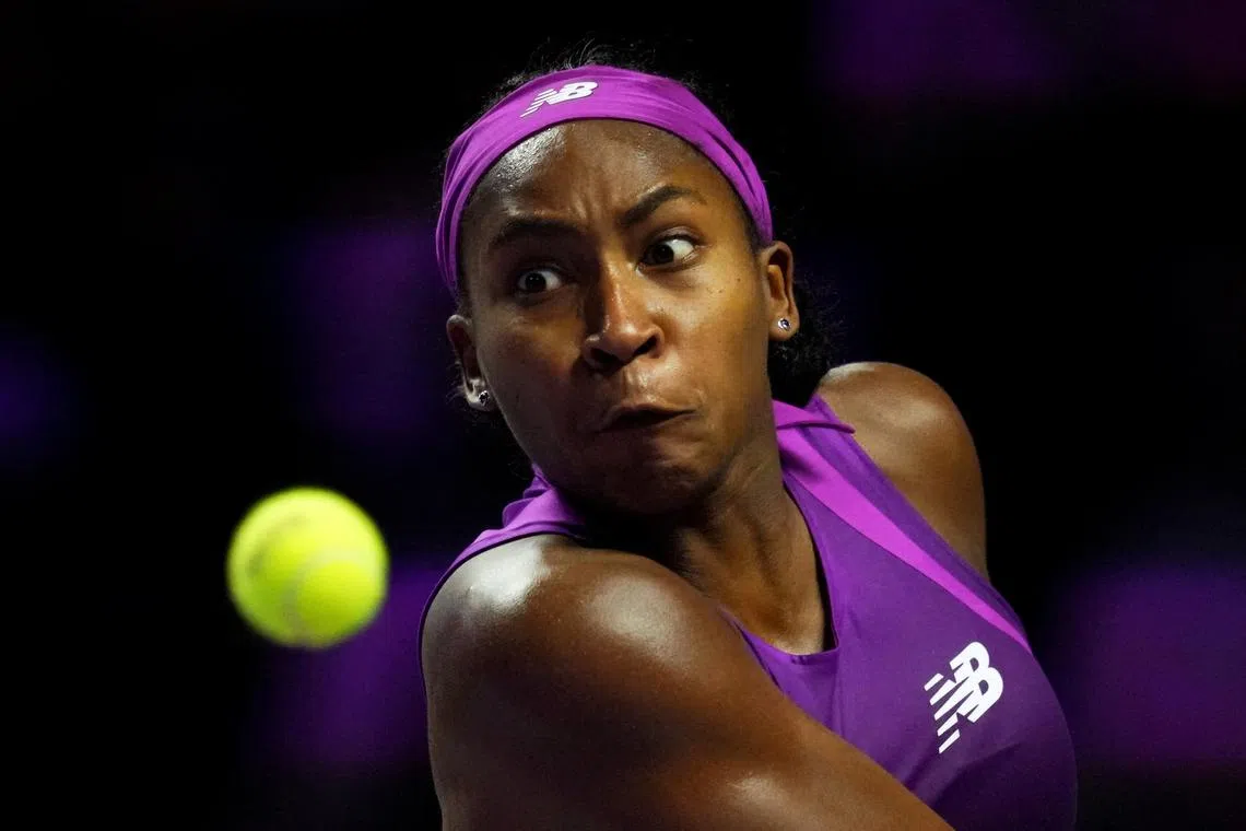 Tennis - WTA Finals - King Saud University Indoor Arena, Riyadh, Saudi Arabia - November 9, 2024 Coco Gauff of the U.S. in action during the women's singles final against China's Qinwen Zheng REUTERS/Aleksandra Szmigiel/ File Photo