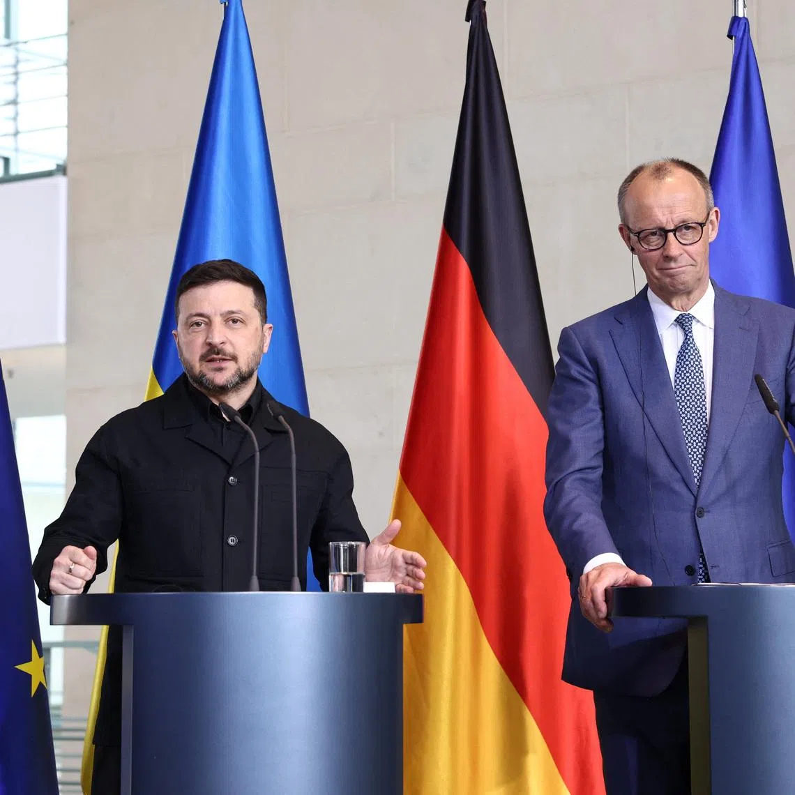 German Chancellor Friedrich Merz and Ukrainian President Volodymyr Zelenskiy attend a press conference on the day of the German-Ukrainian government consultations at the Chancellery in Berlin, Germany, April 14, 2026. REUTERS/Liesa Johannssen