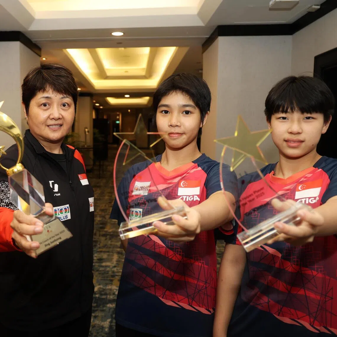 From left: Star Player of the Year Izaac Quek, Coach of the Year Jing Junhong, Youth Player of the Year Loy Ming Ying and Hopes Player of the Year Gu Xin Tian with their trophies at the STTA Annual Awards Night on May 11.