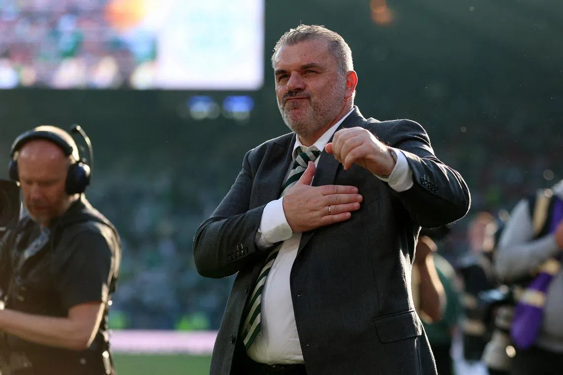 Ange Postecoglou celebrates after winning the Scottish Cup with Celtic.