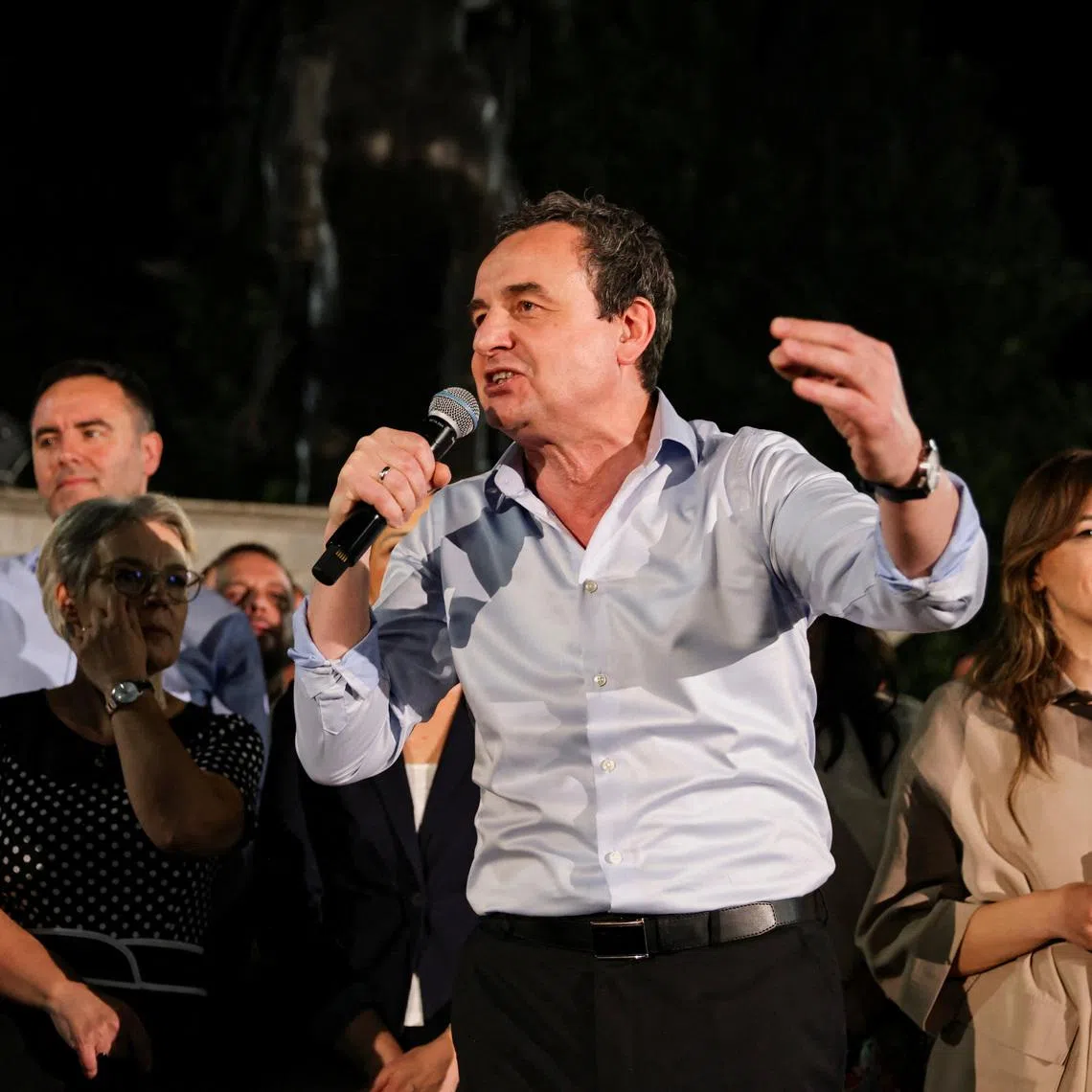 Kosovo's acting Prime Minister and Levizja Vetevendosje (Movement for Self-Determination) party leader Albin Kurti addresses supporters following a snap parliamentary election, in Pristina, Kosovo, June 8, 2026. REUTERS/Valdrin Xhemaj