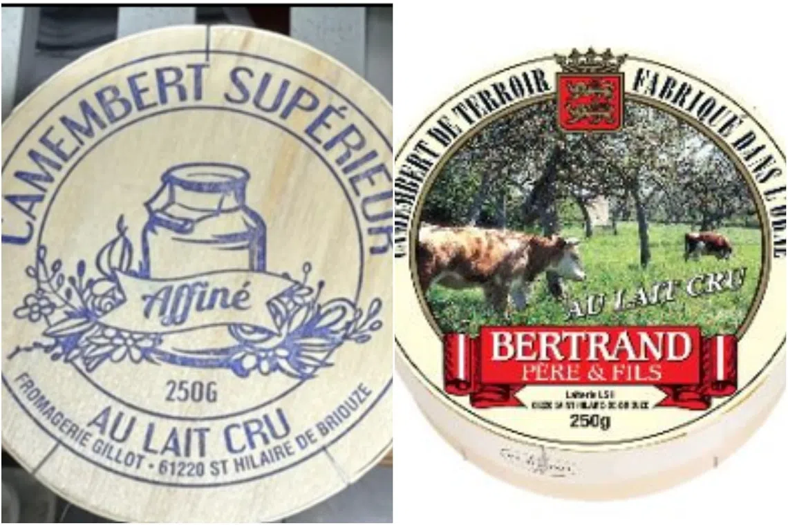 The products, Camembert Superieur Au Lait Cru (250g) (left) and Bertrand Pere & Fils Camembert au lait cru (250g), are being recalled.
