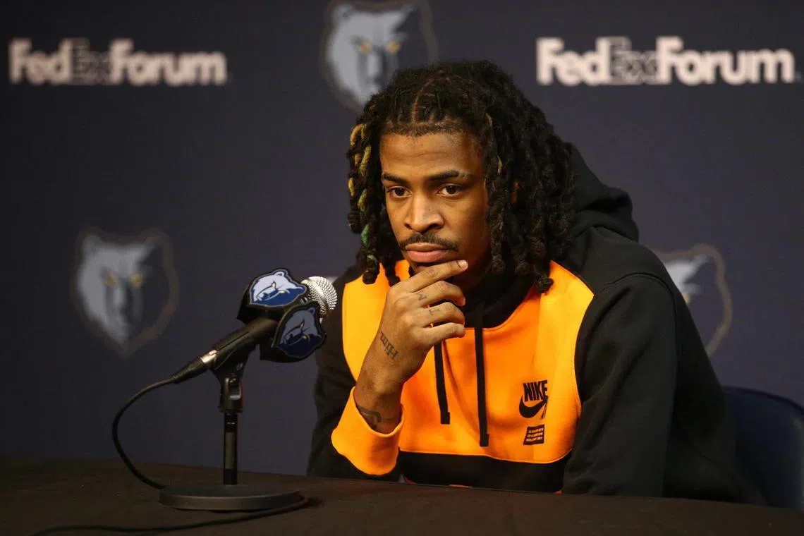 Memphis Grizzlies guard Ja Morant answers questions from media about his time away from the team, during his 25-game suspension.