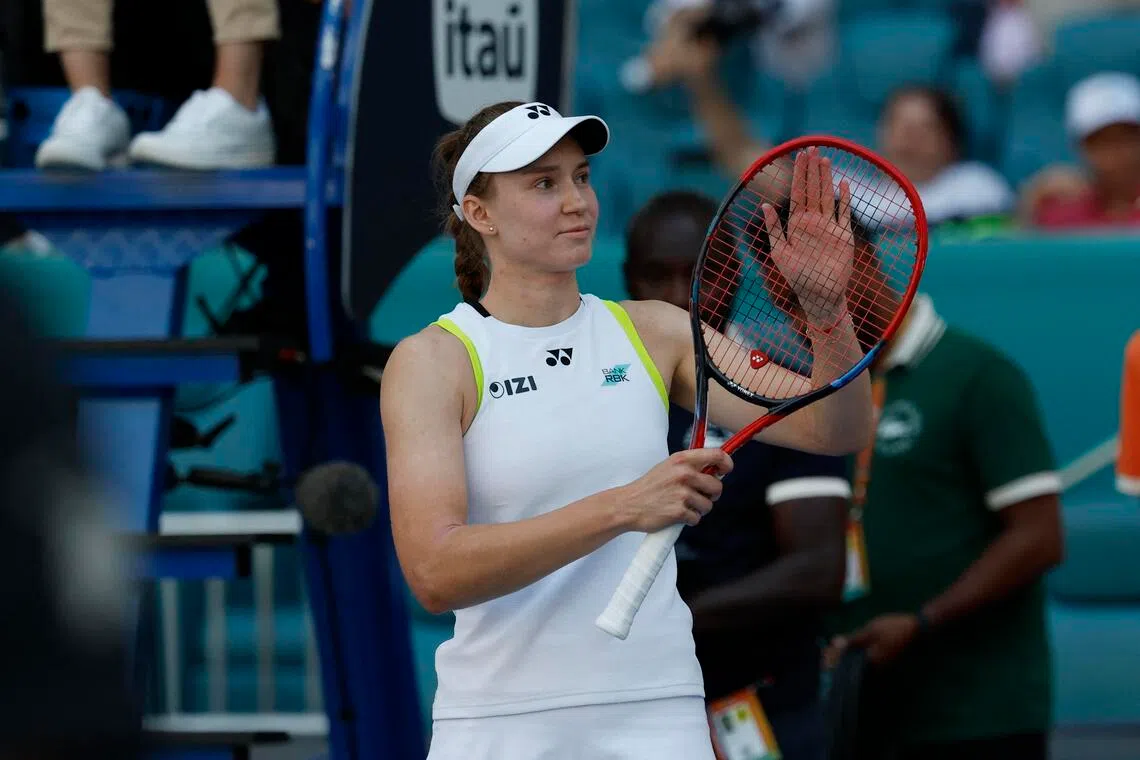 Elena Rybakina acknowledging the crowd after her March 25 match against Jessica Pegula.