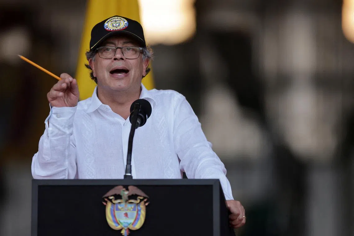 FILE PHOTO: Colombian President Gustavo Petro speaks during a demonstration of planes donated by the United States to the Colombian Police to extinguish fires, at the Police Aviation School in Mariquita, Colombia February 14, 2024. REUTERS/Luisa Gonzalez/File Photo