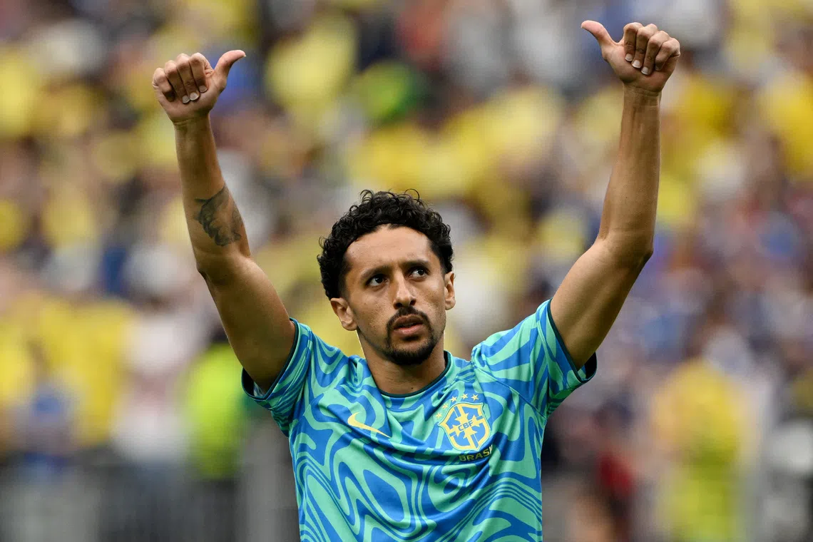 FILE PHOTO: Soccer Football - FIFA World Cup 2026 - Round of 32 - Brazil v Japan - Houston Stadium, Houston, Texas, U.S. - June 29, 2026 Brazil's Marquinhos during the warm up before the match REUTERS/Annegret Hilse/File Photo