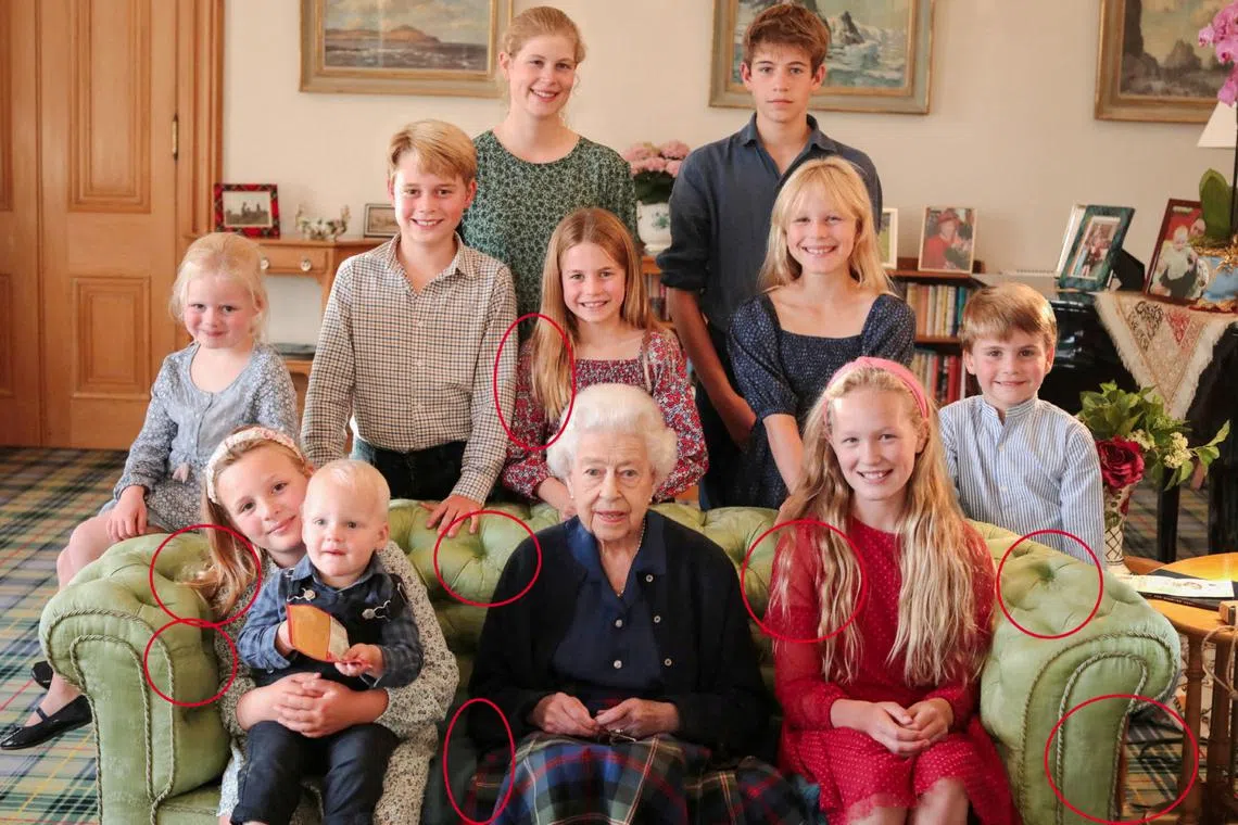 A family portrait of Britain's late Queen Elizabeth II with some of her grandchildren and great grandchildren was found to have been digitally altered in eight places.