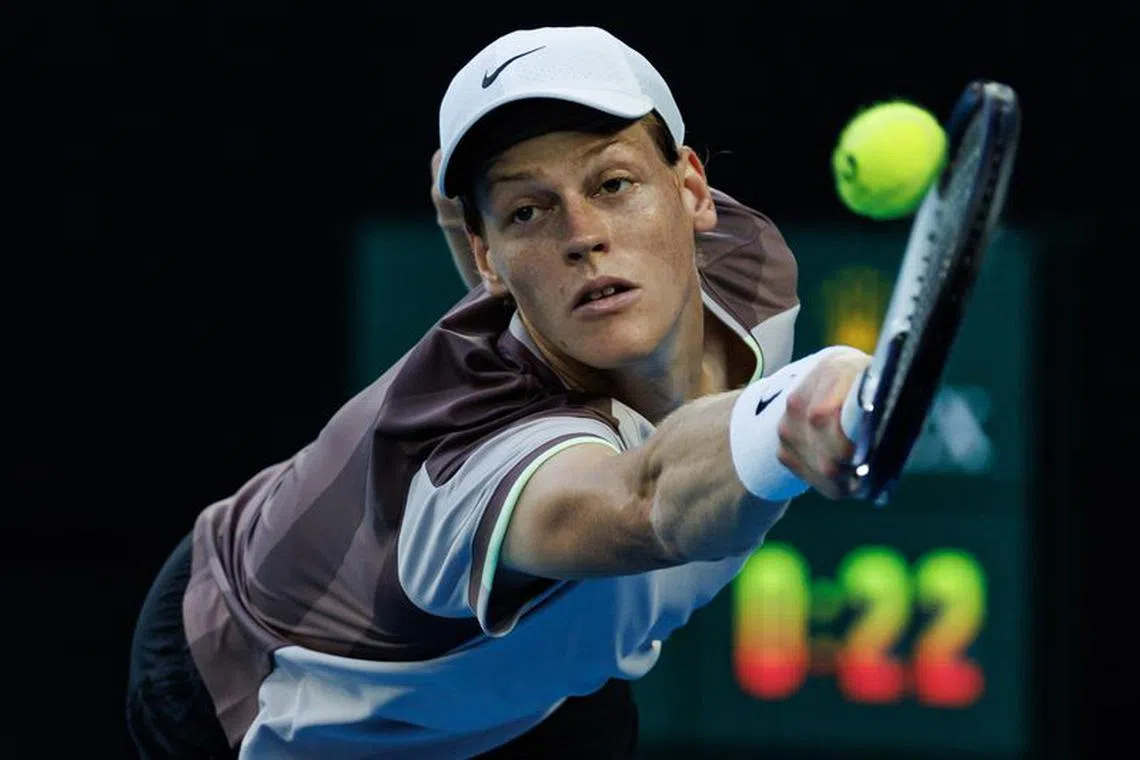 Jan 28, 2024; Melbourne, Victoria, Australia;  Jannik Sinner of Italy in action against Daniil Medvedev of Russia in the men’s singles final at the Australian Open. Mandatory Credit: Mike Frey-USA TODAY Sports/File Photo