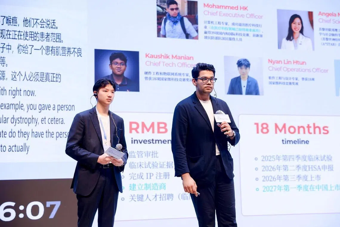 The co-founders, Mr Khambati and Mr Ng, presenting at the Entrepreneurs Next Star & Million Prize Global Challenge held in Shenzhen, China, in November 2025.