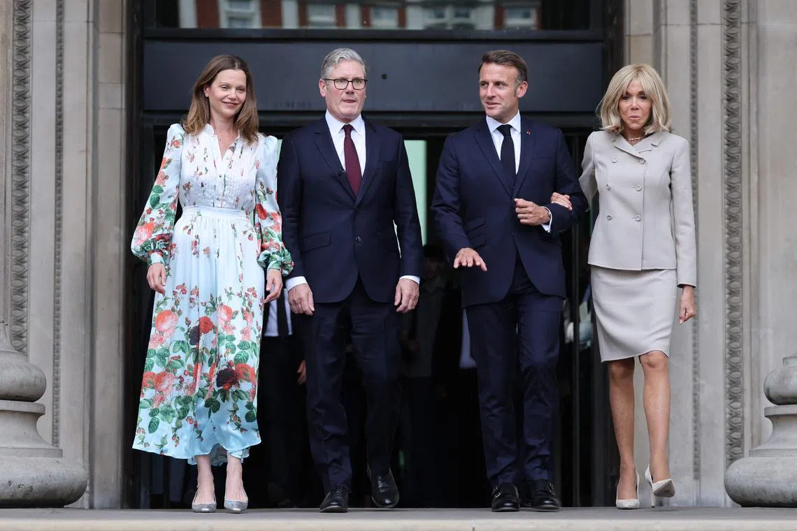 British Prime Minister Keir Starmer and his wife Victoria Starmer (both left) alongside French President Emmanuel Macron and his wife Brigitte Macron visiting the British Museum in London on July 9.