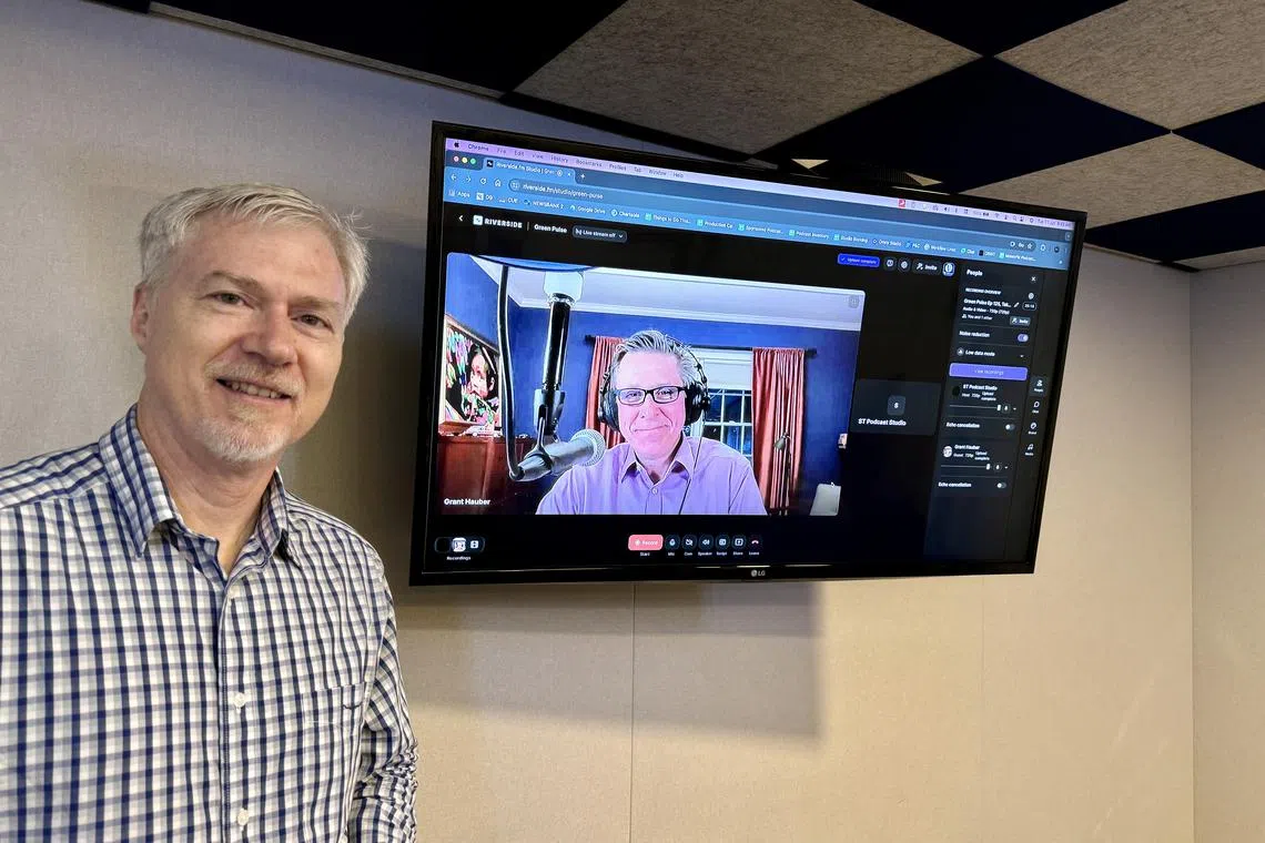 Climate change editor, David Fogarty, Grant Hauber (on screen), energy sector expert and advisor for Asia for the Institute for Energy Economics & Financial Analysis, a US-based think tank in the podcast studio. 