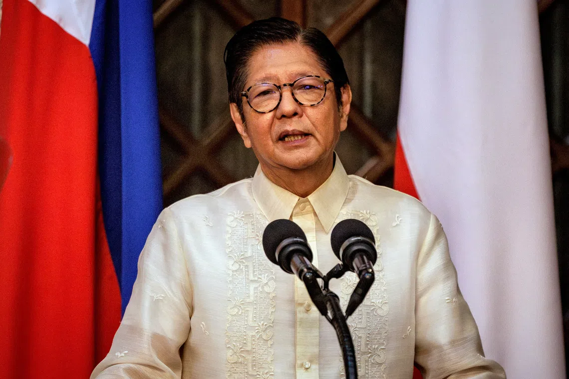 FILE PHOTO: Philippine President Ferdinand Marcos Jr. speaks during a press conference with Polish President Karol Nawrocki (not pictured), at Malacanang Palace on October 6, 2026, in Manila, Philippines. Ezra Acayan/Pool via REUTERS/File Photo