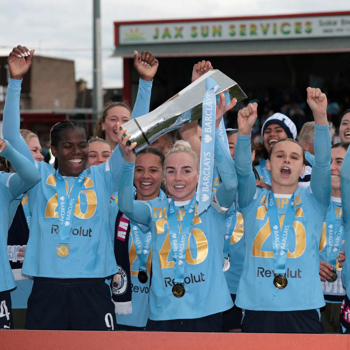 FILE PHOTO: Soccer Football - Women's Super League - West Ham United v Manchester City - Chigwell Construction Stadium, London, Britain - May 16, 2026 Manchester City's Alex Greenwood lifts the trophy as she celebrates with teammates after winning the Women's Super League Action Images via Reuters/Paul Childs/File Photo