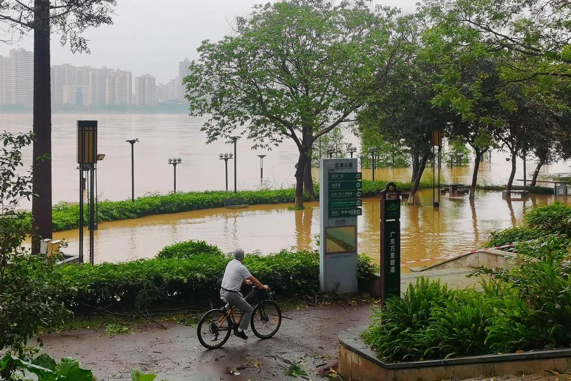 A cyclist peddling past floodwaters near a river in Qingyuan City, in China’s southern Guangdong Province, on April 21, 2024. 