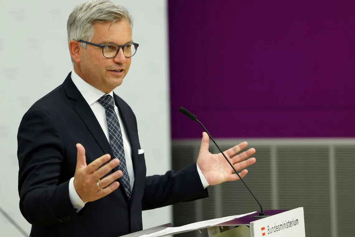Austrian Finance Minister Magnus Brunner attends a press conference in Vienna, Austria April 22, 2024. REUTERS/Leonhard Foeger/ File Photo