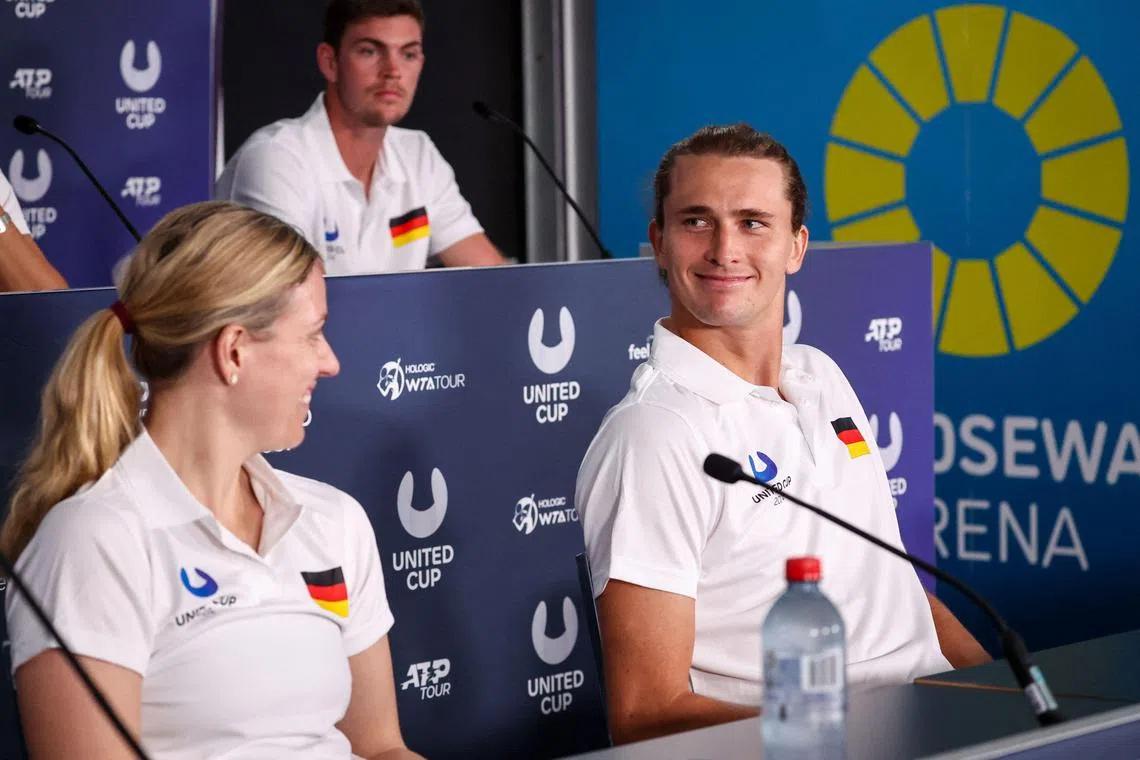 Alexander Zverev and Angelique Kerber during a press conference in Sydney ahead of the United Cup.