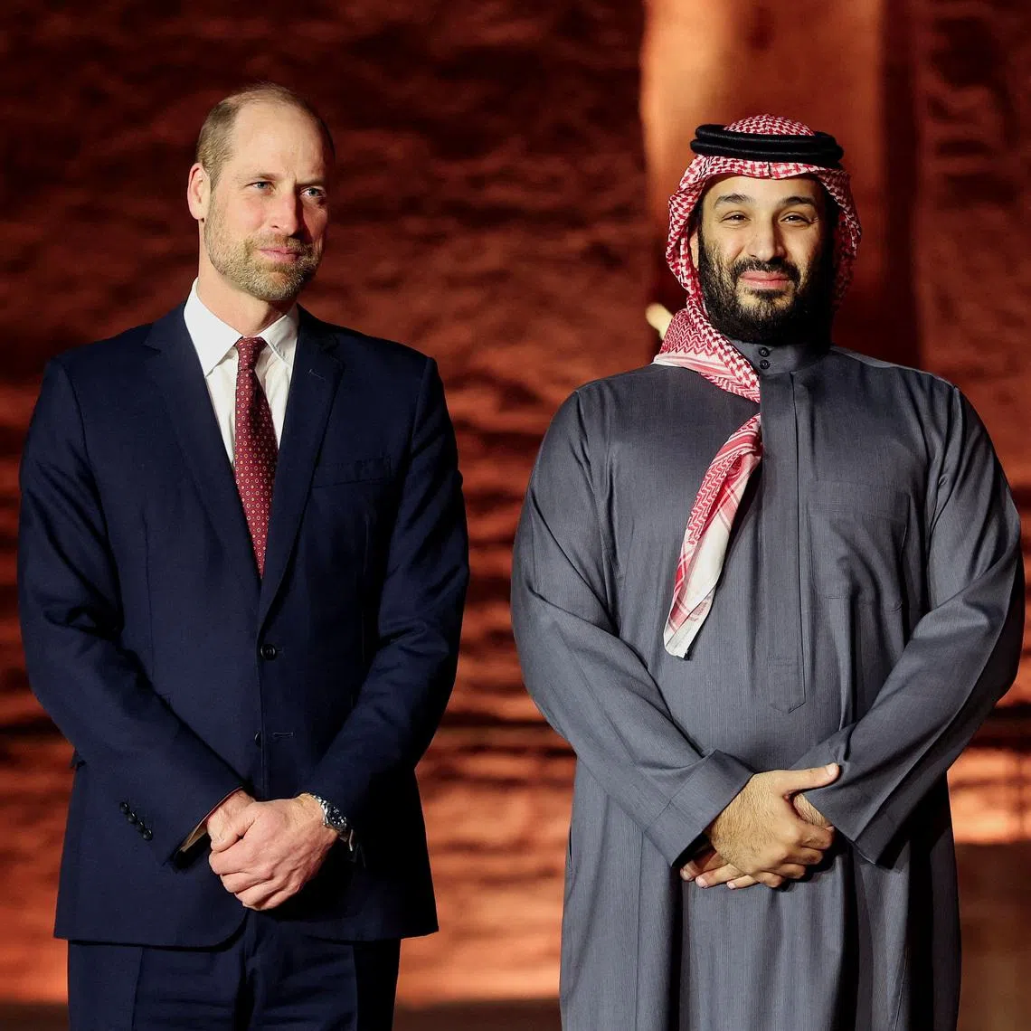 Britain's Prince William (left) with Crown Prince of Saudi Arabia, Mohammed bin Salman Al Saud, at UNESCO World Heritage site At-Turaif, on Feb 9.