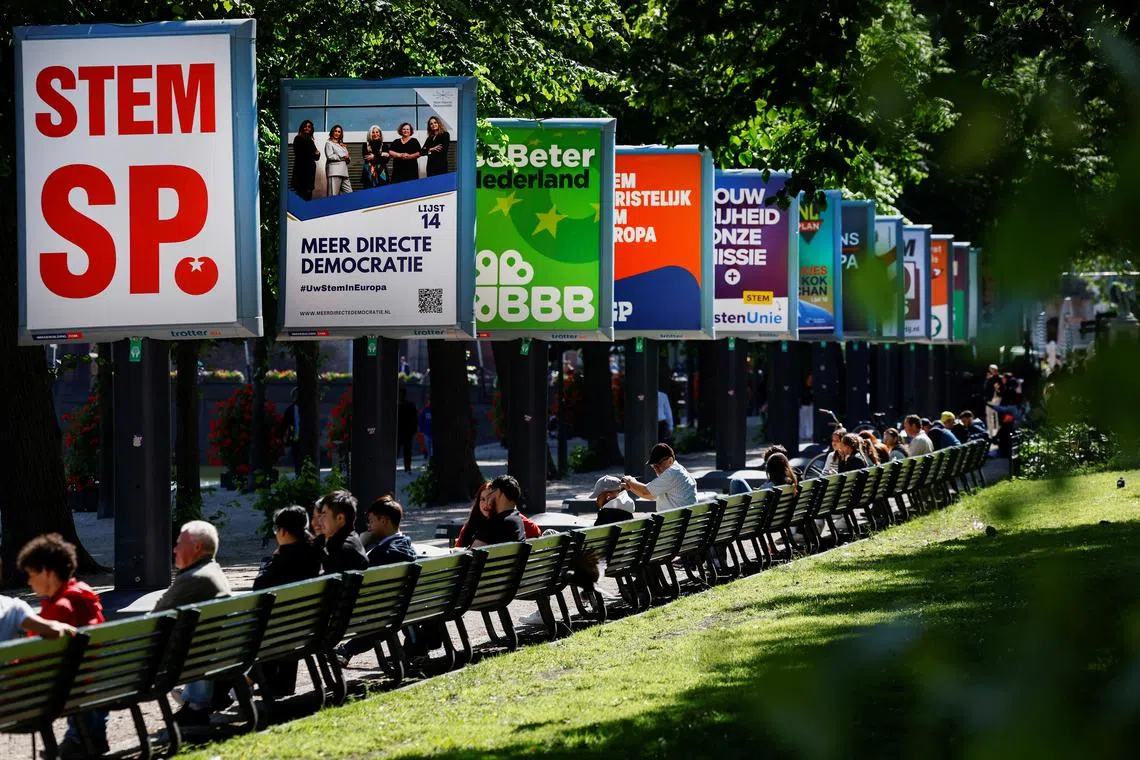 Election campaign boards are displayed, ahead of the elections across 27 European Union member states, of which the Netherlands is the first country to go to the polls in this round of elections to the bloc's parliament, in The Hague, Netherlands, June 5, 2024. REUTERS/Piroschka van de Wouw
