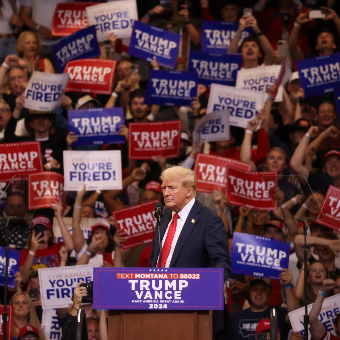 Republican presidential nominee and former U.S. President Donald Trump attends a campaign rally in Bozeman, Montana, U.S., August 9, 2024.  REUTERS/Jim Urquhart
