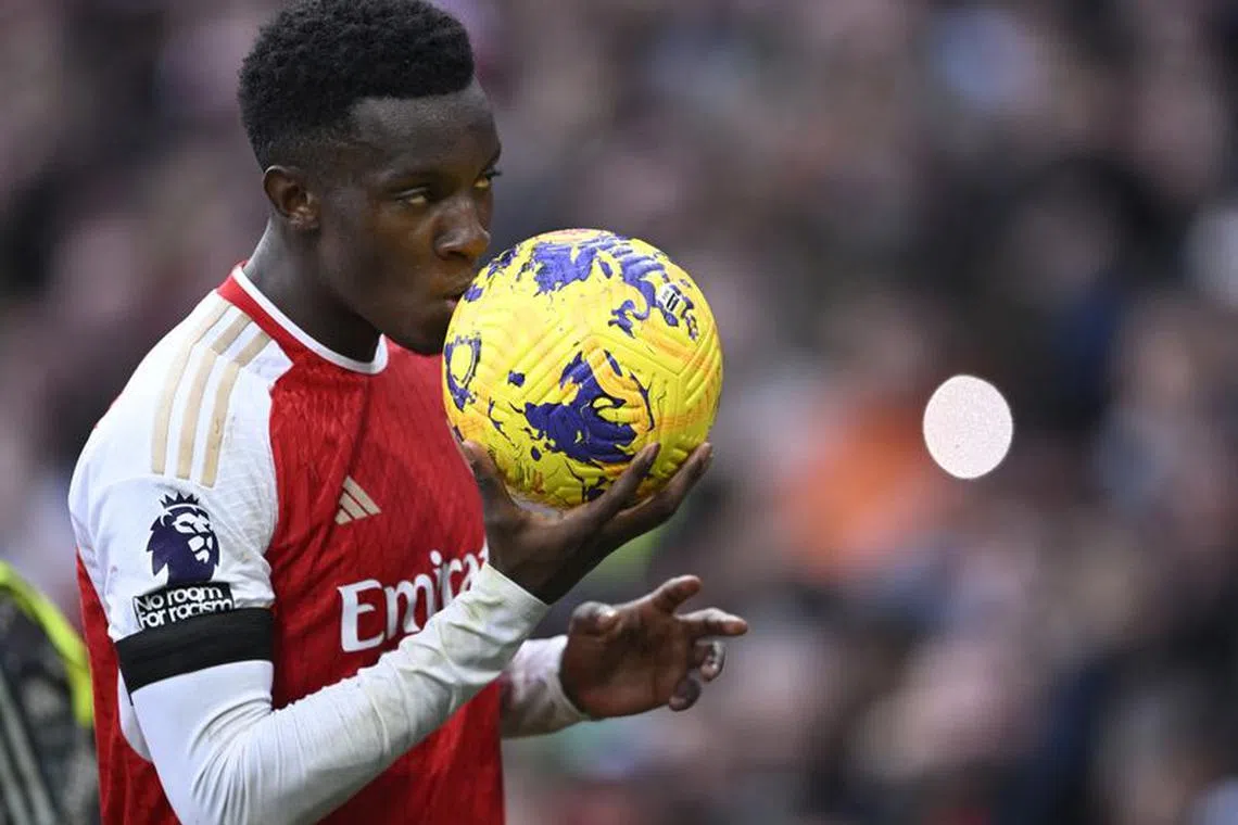 Soccer Football - Premier League - Arsenal v Sheffield United - Emirates Stadium, London, Britain - October 28, 2023  Arsenal's Eddie Nketiah celebrates scoring their third goal and completes his hat-trick REUTERS/Tony Obrien