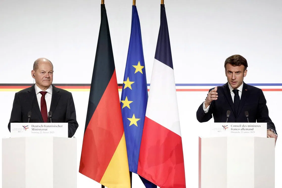 German Chancellor Olaf Scholz and French President Emmanuel Macron met in Paris on Jan 22, 2023.