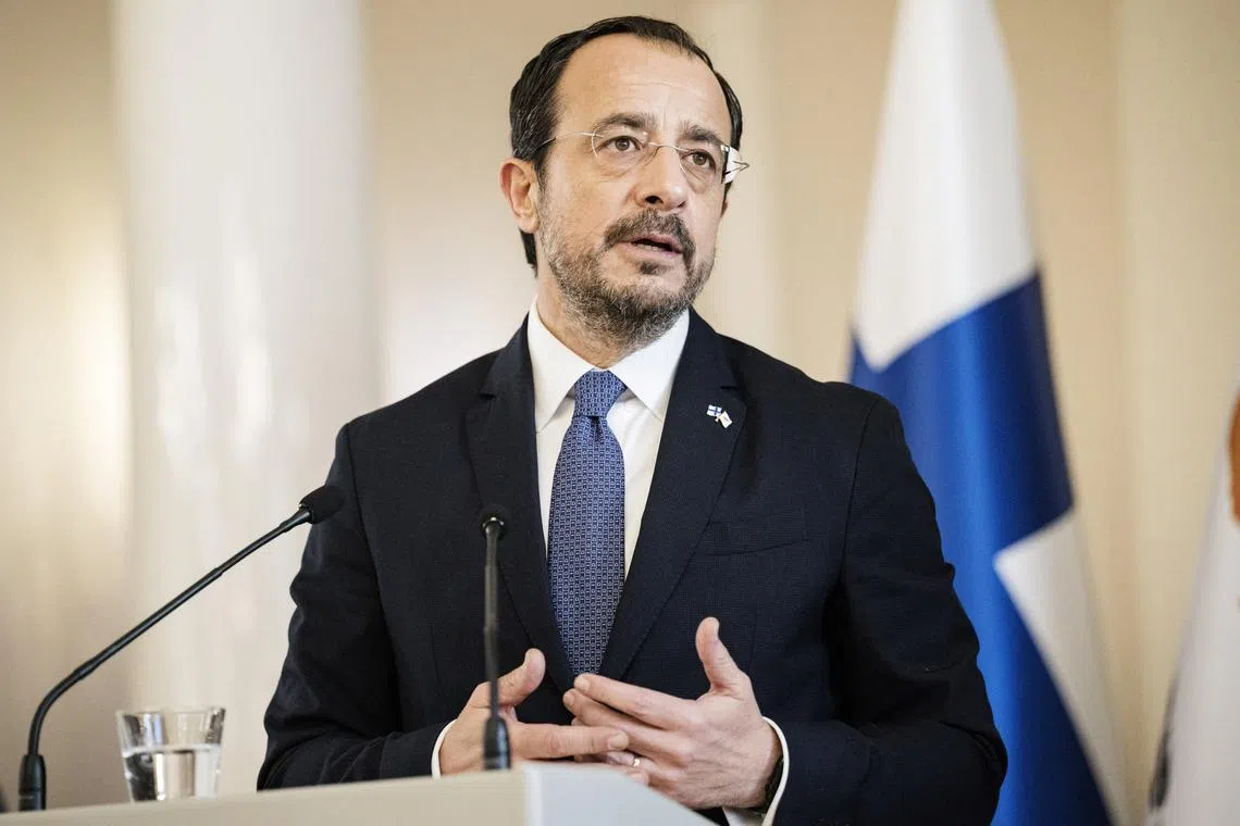 FILE PHOTO: Cyprus' President Nikos Christodoulides attends a press conference with Finnish President Alexander Stubb (not pictured) at the Presidential Castle in Helsinki, Finland on May 22, 2025. Roni Rekomaa/Lehtikuva/via REUTERS/File Photo