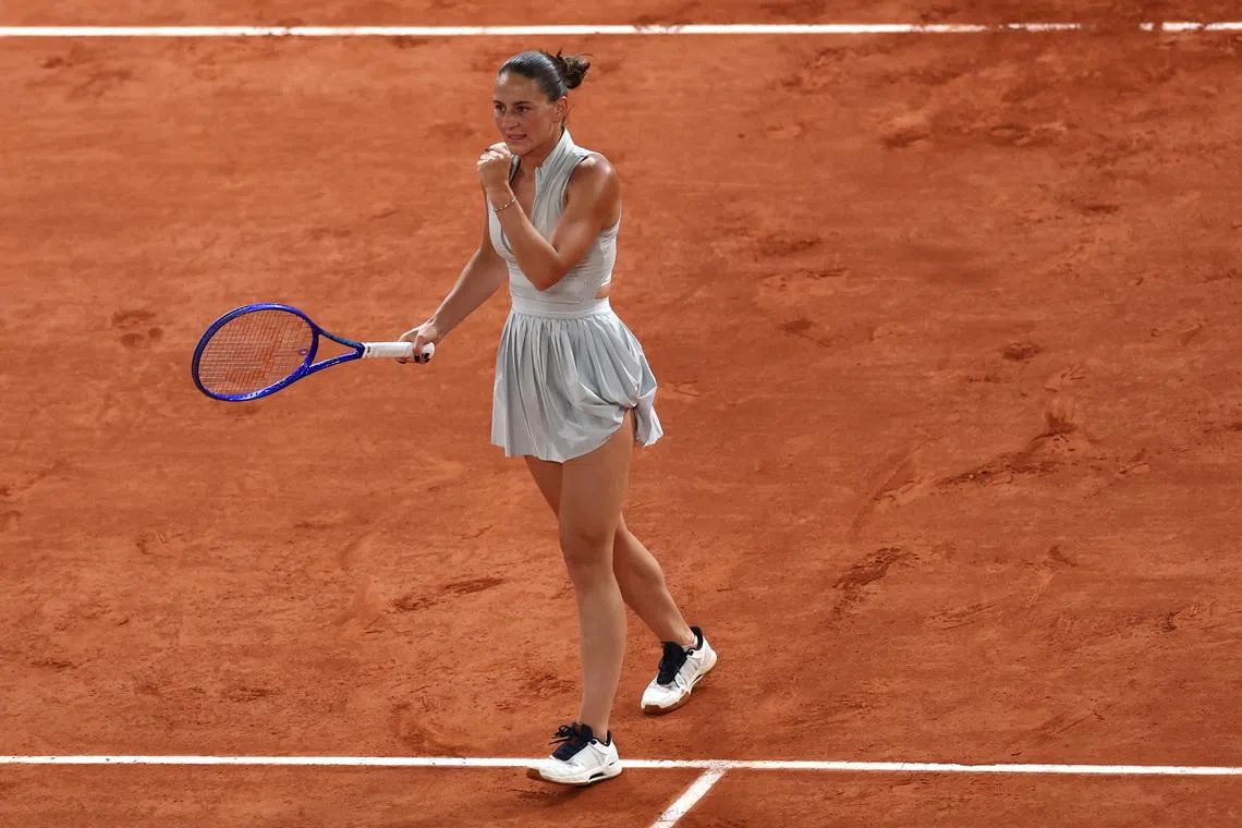 Tennis - French Open - Roland Garros, Paris, France - June 4, 2026 Ukraine's Marta Kostyuk reacts during her semi final match against Russia's Mirra Andreeva REUTERS/Stephane Mahe
