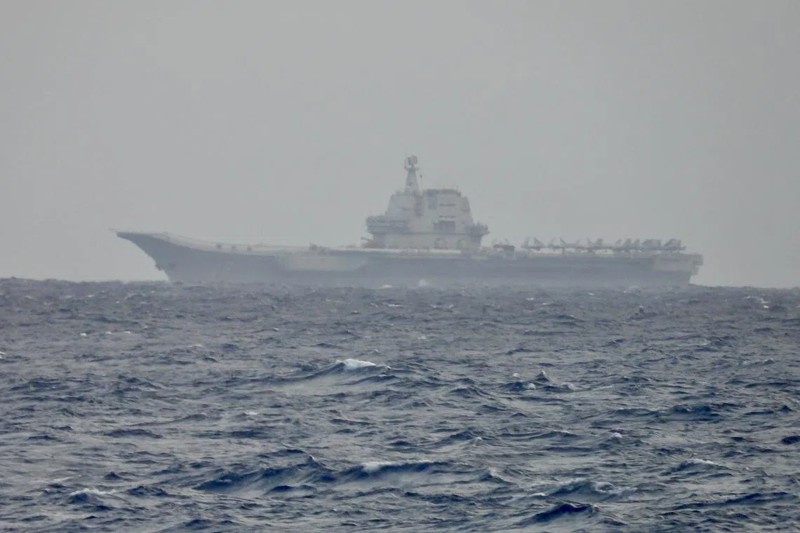 Chinese aircraft carrier Shandong maneuvering during a military drill by the Chinese PLA in an undisclosed location around Taiwan, on April 1.