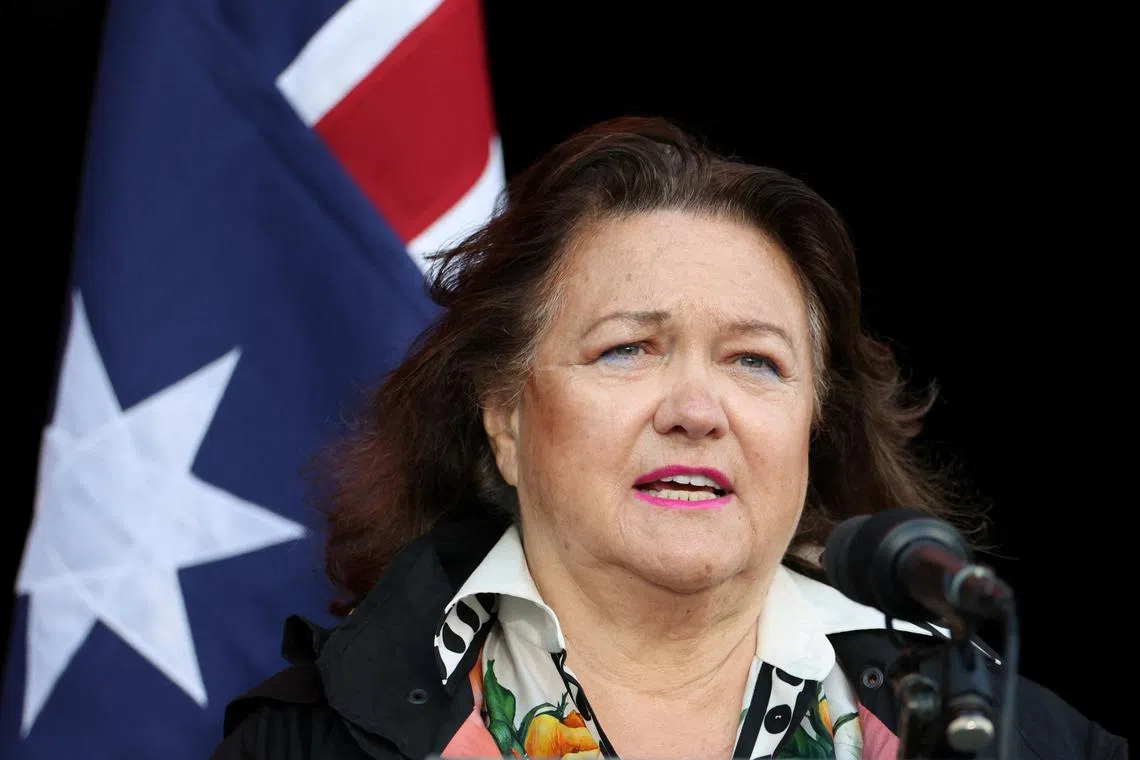 FILE PHOTO: Gina Rinehart speaks during the Lest We Forget sunset tribute on the eve of ANZAC Day at Sydney Opera House in Sydney, Australia, April 24, 2025. REUTERS/Hollie Adams/File Photo